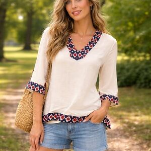 THML Elegant Cream Printed Collar Women's Top XS